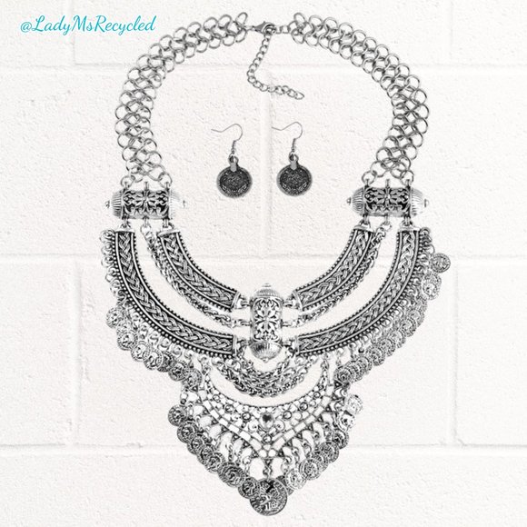 Chunky Silver-tone Statement Coin Necklace & Earrings Boho Belly Dance NEW! - Picture 2 of 10